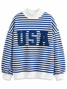 Sweat-shirt rayé à col rond pour femme avec appliqué lettre USA, bleu et blanc, décontracté, à manches longues, tricoté, pour le printemps - Product Image 1
