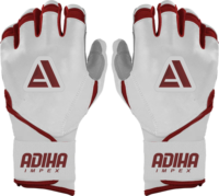 Guantes de bateo de béisbol personalizables de cuero premium, color blanco y granate, tipo de cierre de gancho y bucle.