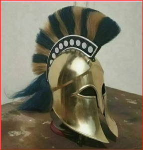 Casco Corintio Dorado con Pluma Azul y Dorada, Pieza de Exhibición de Armadura Metálica Hecha a Mano, Impresión Digital Vintage - Product Image 2