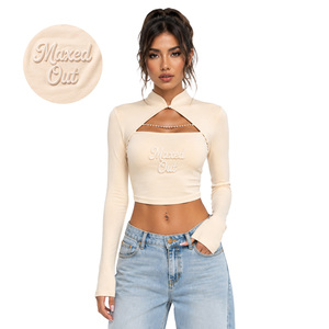 Women's Beige Puff Embroidered Knitted Crop Top Mandarin Collar Cut-Out Detail women's shirt Y2K Full Sleeve Blouse Customized - Product Image 1