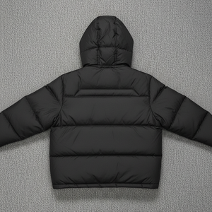 <b>Men's</b> Winter Hooded Puffer <b>Jacket</b> Solid Black Polyester Windproof Casual Zipper Closure Front Logo Design - Product Image 2