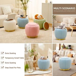 Modern Round Floral <b>Storage</b> Ottoman Soft Padded Teddy Velvet Footstool with Accent <b>Small</b> <b>Table</b> Plant Stand - Product Image 6