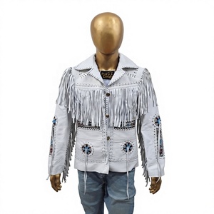 Custom OEM Unisex White Leather <b>Punk</b> Rock <b>Jacket</b> Breathable Front Logo Fringed & Studded Traditional Coat Wholesale - Product Image 1