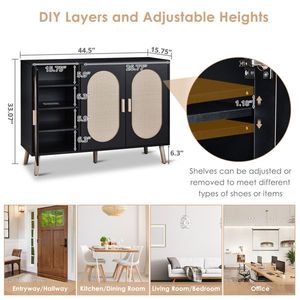 FCH 3-Door Vertical Shoe Cabinet Particle Board Plastic Rattan Black Frame Original Wood Rattan Surface Gold High Feet Shoe Rack - Product Image 2