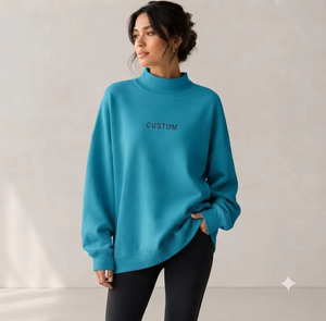 Womens Oversized Mock Neck Fleece <b>Sweatshirt</b> Premium Heavy Fabric <b>Retro</b> Varsity Inspired Casual Apparel Manufacturer - Product Image 1