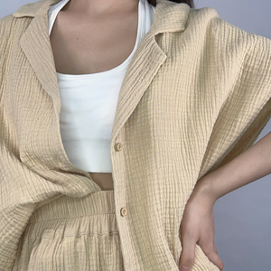 Women's Solid Color Woven Cotton Two Piece <b>Set</b> Casual Loose Shorts and Sleeveless Strapless <b>Blazer</b> with Button Detail Summer - Product Image 6