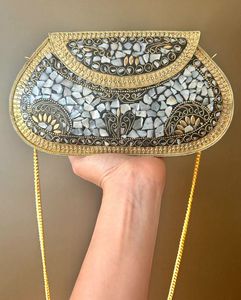 Best Fashion Mother of Pearl Inlay <b>Clutch</b> Handbag in <b>White</b> MOP with Chains for Girls Ladies by Quality Enterprises Resin Crafts - Product Image 3