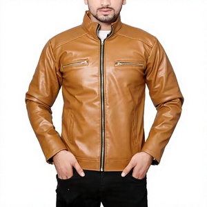 Custom Men's <b>Brown</b> Genuine <b>Leather</b> Moto <b>Jacket</b> Stand Collar Zipper Closure Regular Fit Solid Color Autumn Wear OEM Manufacturer - Product Image 1