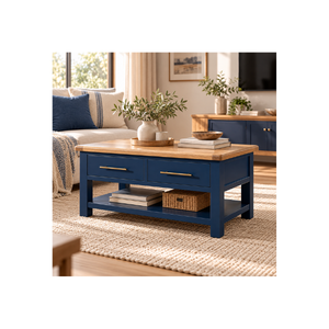 Colección CASCAIS: Elegante Mesa de Centro de Madera de Roble Natural con 2 Cajones y Tiradores de Latón para Muebles de Sala de Estar - Product Image 1