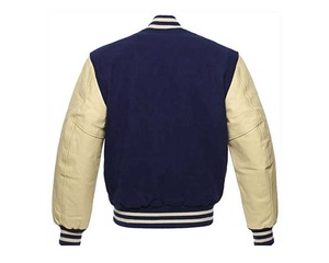 Veste universitaire bleu marine pour homme avec manches en cuir crème et bordure côtelée, style preppy, fermeture boutonnée simple à col classique - Product Image 2