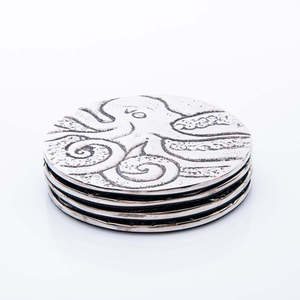 Artistic Octopus Engraved Metal <b>Coaster</b> Sets <b>Silver</b> Finised For Home Guest Hosting Bars Entertainment Spaces From India - Product Image 5