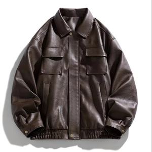 Veste en cuir véritable pour hommes, style aviateur, rétro, ample, courte, streetwear japonais décontracté, multi-poches, imperméable - Product Image 1