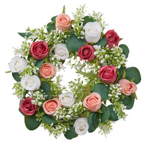 Ghirlanda di Rose Artificiali Rosa e Bianche, Diametro 14 Pollici, Composizione Floreale Centrotavola per San Valentino, Decorazione Verde - Product Image 1