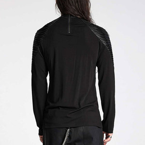 Men's Gothic Black Long Sleeve T-<b>Shirt</b> Slim Fit Top with 3D Pleated Faux Leather Shoulders and Rivet Details - Product Image 3