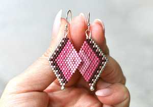 Handwoven Pink Diamond Seed Bead Dangle <b>Earrings</b> Geometric Boho Lightweight Handmade Statement Fashion Jewelry Gift For Women - Product Image 4