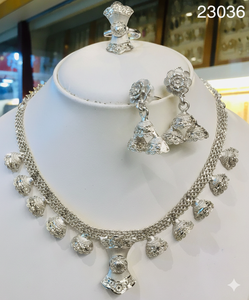 Parure de bijoux ethniques indiens de luxe en or/argent filigrané, collier floral et boucles d'oreilles pendantes, strass rouges, modèle mariage 23032 - Product Image 5