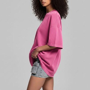 Women's Oversized Crew Neck T-Shirt 100% Cotton Loose Fit Three Quarter Sleeve Solid <b>Pink</b> Jersey Fabric Spring Summer Style - Product Image 2