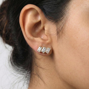 Luxury Lab Grown Diamond Triple <b>Emerald</b> Cut Baguette Cluster <b>Stud</b> Earrings Gold Geometric Ear Climber Dainty Minimalist Jewelry - Product Image 1