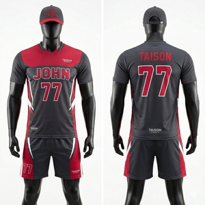 Tenue de volley-ball pour hommes en tissu polyester interlock 160 GSM, design panneau or et rouge vif, logo personnalisé par sublimation, ensemble complet - Product Image 2