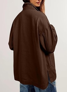 Brown <b>Canvas</b> Shirt <b>Jacket</b> Turn-down Collar Button Front Casual Style Loose Fit Autumn Wear Unisex Regular Sleeve - Product Image 6