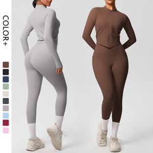 "Wholesale Women's Yoga Set Quick Dry Long Sleeve Zipper Top and <b>Leggings</b> <b>with</b> <b>Pockets</b> Gym Fitness Activewear OEM ODM" - Product Image 2