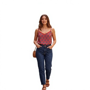 Blusa sin mangas con cuello en V para mujer, estampado floral geométrico, tirantes finos, informal, primavera-verano, tejido, corte regular - Product Image 6