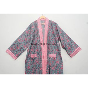 Peignoir Kimono pour femme, 100% coton, doux, imprimé numérique, col en V, longueur intégrale, manches longues, respirant, séchage rapide, été - Product Image 2