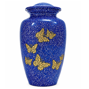 Urna Funeraria de Metal (Latón/Aluminio) con Grabado de Mariposa Azul Antigua, Estilo Europeo Americano, para Cenizas Humanas - Product Image 1
