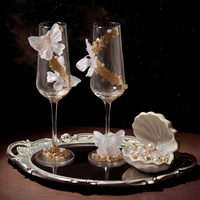 Flûtes à vin en cristal soufflé à la main à double paroi, motif papillon doré, pour mariage, verres à toast élégants, cadeau nuptial de luxe
