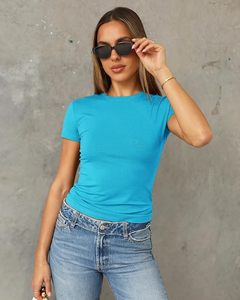 <b>Women's</b> Blue Crew Neck Short Sleeve Slim Fit Cotton T-Shirt Casual Solid Color Spring Summer <b>Top</b> - Product Image 3