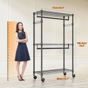 Heavy Duty 3-Tier Adjustable Wire Clothe Rack 2 Rods with Side <b>Hooks</b> Convenient Rolling Storage Closet Closet Organizer - Product Image 2