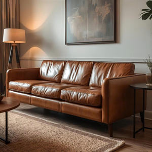 Sofá de Cuero Cognac de Estilo Moderno de Mediados de Siglo, Sofá de 3 Plazas para Sala de Estar, Muebles de Cuero Genuino Cómodos y de Lujo - Product Image 4