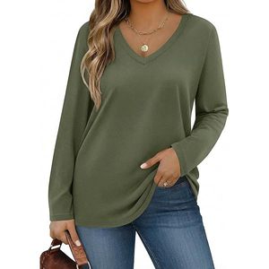 Tunique décontractée grande taille pour femme, coupe ajustée, avec ourlet croisé, chemisier élégant moderne à manches longues, col en V, respirant, avec logo - Product Image 1