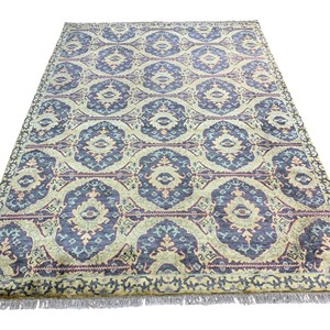 Alfombra de Lujo con Medallón Anudado a Mano, Azul y Dorado, Alfombra Oriental Tradicional de Lana y Seda, Alfombra Clásica Hecha a Mano - Product Image 2