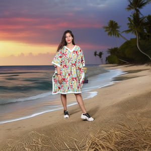 Nuevo Vestido Kimono Kaftan de Moda con Cuello en V, Manga Acampanada y Estampado Dulce hasta la Rodilla para Mujer, Ropa de Algodón Estampada a Mano al por Mayor - Product Image 2