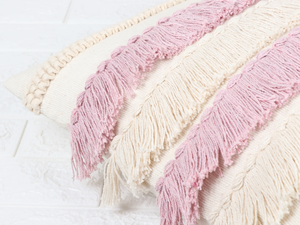 Hand Tufted Texture Boho Ivory and <b>Pink</b> Fringe Cushion <b>Cover</b> Handmade Decorative Pillow Case for <b>Sofa</b> Bedroom Living Room Home - Product Image 4