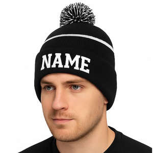 Bonnet unisexe noir Harry Johnson avec pompon rayé blanc, nom brodé, décontracté, hiver, adultes, 100% acrylique, taille 56-58 cm - Product Image 1