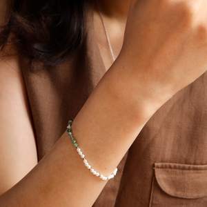 Bracelet en agate mousse, délicat, avec pierres précieuses, perles fines, argent sterling 925, plaqué or 14 carats, cadeau pour elle - Product Image 2