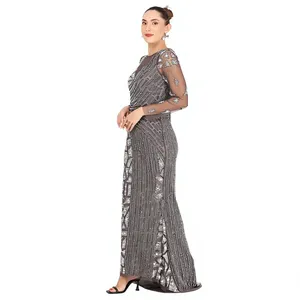 Robe de soirée luxueuse gris ardoise ornée de perles |   Robe de bal élégante à manches longues avec sequins géométriques |   Robe de soirée longue formelle pour invitées de mariage - Product Image 4