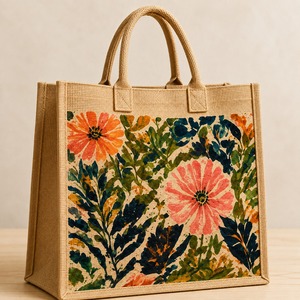 Sac fourre-tout en jute de taille moyenne avec logo personnalisé, fermeture à glissière, motif floral, pour un usage quotidien et pour offrir en cadeau - Product Image 5