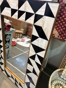 Handmade Eco-Friendly <b>Lightweight</b> Bohemian Bone Inlay Customized Shape Wall <b>Mirror</b> Black White Geometric Pattern Framed <b>Mirror</b> - Product Image 3