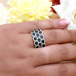 Bague en or jaune 14 carats avec saphir bleu naturel et grappe de diamants pour femme |   Bijoux fins de coupe ovale, vente en gros, OEM, ODM - Product Image 5