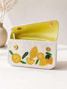 Sac à main en coton perlé fait main, forme rectangulaire, broderie fleur de citron, artisanat décoratif, pochette - Product Image 5