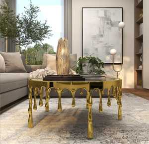 Designer's Modern <b>Round</b> Coffee <b>Table</b> With Brass Drip Base Glass Top Contemporary Living Room Furniture Decorative Metal Design - Product Image 1