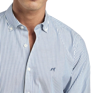 เสื้อเชิ้ตแขนยาวผู้ชายลายทางสีน้ำเงิน, เสื้อเชิ้ตลำลองผ้าฝ้ายติดกระดุม - Product Image 3