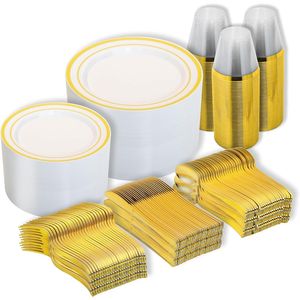 Set di stoviglie usa e getta in plastica dorata da 600 pezzi, include 100 piatti piani, piattini da dessert, bicchieri, cucchiai e forchette, ideale per feste - Product Image 1