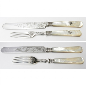 Luxury Mother of Pearl Cutlery Set Antique Silver Plated Flatware Engraved Floral <b>Dessert</b> Knife and <b>Fork</b> Vintage Victorian Style - Product Image 1