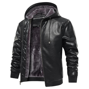 Chaqueta de cuero sintético para hombre, chaqueta de motociclista tipo bomber con forro polar y capucha - Product Image 2
