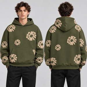 Sweats à capuche imprimés violet foncé avec motifs floraux lilas, commandes en gros, vêtements décontractés, streetwear, texture en relief, options de tailles - Product Image 5