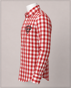 Camisa a cuadros roja y blanca premium personalizada para hombre, de manga larga, de algodón, con botones, de franela, con bolsillo, informal, de corte ajustado. - Product Image 2